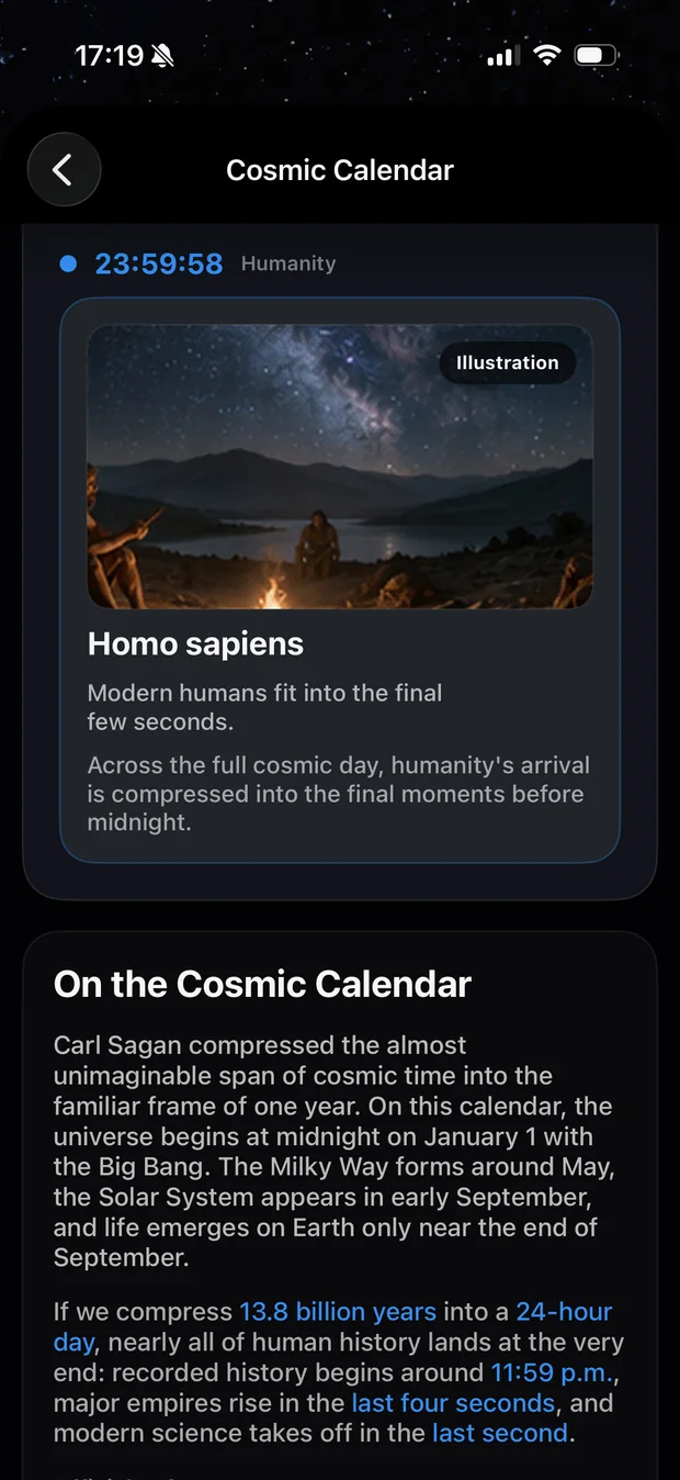 Cosmic Calendar screen